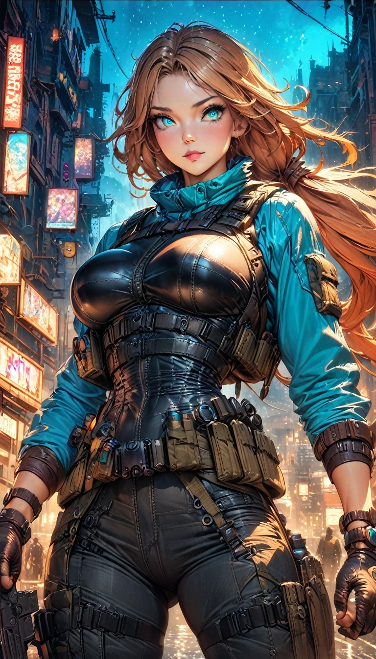 best quality,4k,8k,highres,masterpiece:1.2),ultra-detailed, extremely detailed eyes, extremely detailed body, (large masterpiece digital art), (detailed manga illustration), (detailed line art), ((perfect anatomy)), (intricate details:1.3), (ultra-detailed:1.3), (illustration:1.3), (sharp focus:1.3), (natural lighting:1.05), (vivid colors:1.3), (masterpiece), (best quality:1.4), (perfect anatomy:1.4), high quality, expressive eyes, full body, detailed face, beautiful face, perfect face, assassin, 1 girl, muscular, tall girl, large breasts, long hair, light brown hair, straight hair, low ponytail, detailed hair, ((dark blue tactical clothes)), grey t-shirt, ((tactical vest)), open vest, (black pants), pale skin, aquamarine eyes, splash art, curvy, black combat boots, cinematic lighting, dramatic atmosphere, Atey Ghailan, Jeremy Mann, Greg Manchess, Antonio Moro, trend in ArtStation, trend in CGSociety, Intricate, High Detail, Sharp focus, dramatic art by Midjourney and Greg Rutkowski, Jeff Bridges, ((cartoon style)), Marvel Cinematic Universe style, (((Night sky in the background))),