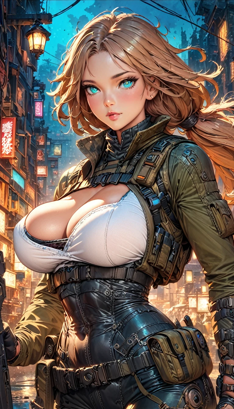 best quality,4k,8k,highres,masterpiece:1.2),ultra-detailed, extremely detailed eyes, extremely detailed body, (large masterpiece digital art), (detailed manga illustration), (detailed line art), ((perfect anatomy)), (intricate details:1.3), (ultra-detailed:1.3), (illustration:1.3), (sharp focus:1.3), (natural lighting:1.05), (vivid colors:1.3), (masterpiece), (best quality:1.4), (perfect anatomy:1.4), high quality, expressive eyes, full body, detailed face, beautiful face, perfect face, assassin, 1 girl, muscular, tall girl, large breasts, long hair, light brown hair, straight hair, low ponytail, detailed hair, ((dark blue tactical clothes)), grey t-shirt, ((tactical vest)), open vest, (black pants), pale skin, aquamarine eyes, splash art, curvy, black combat boots, cinematic lighting, dramatic atmosphere, Atey Ghailan, Jeremy Mann, Greg Manchess, Antonio Moro, trend in ArtStation, trend in CGSociety, Intricate, High Detail, Sharp focus, dramatic art by Midjourney and Greg Rutkowski, Jeff Bridges, ((cartoon style)), Marvel Cinematic Universe style, (((Night sky in the background))),