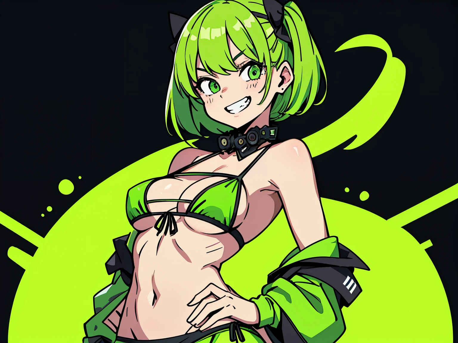 best quality, masterpiece, 3 girls, grin, fluorescent green bikini, medium breast, underboob, solid green background