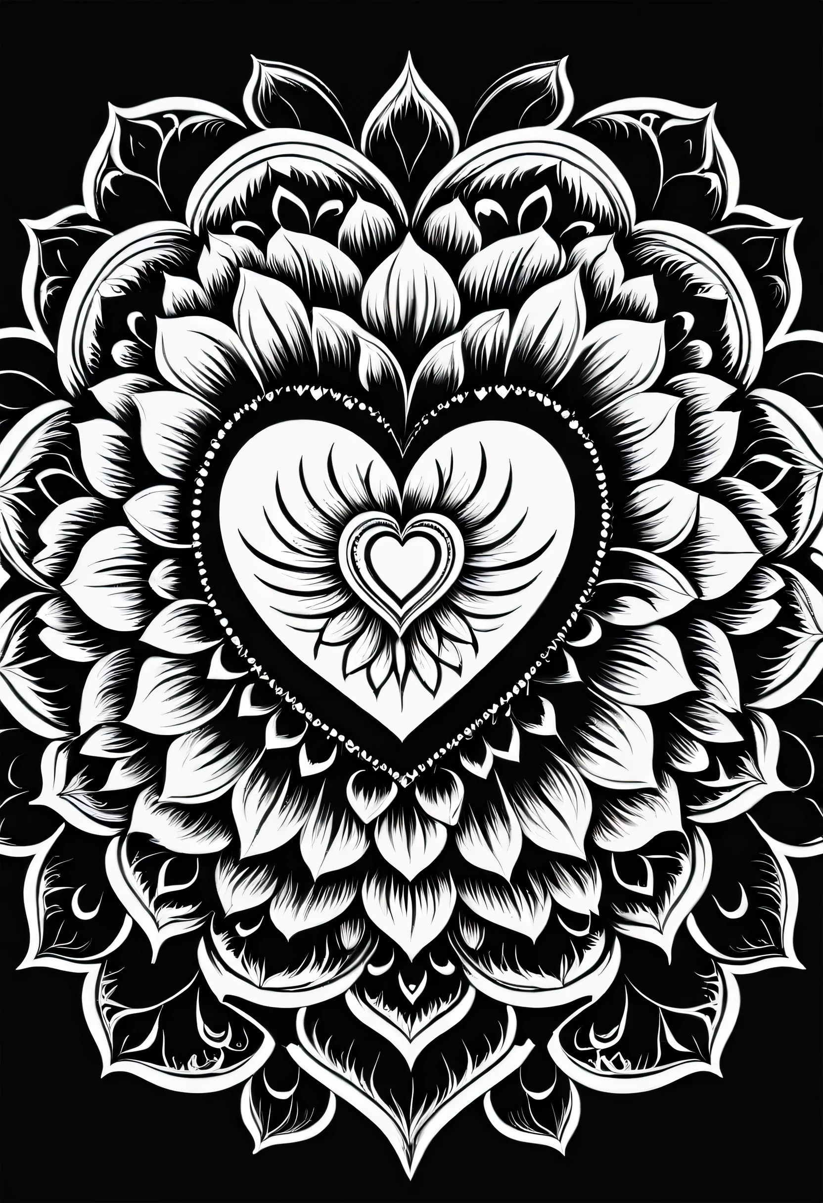 Heart mandala, black and white, outlines only,  line art, vector, black background, vector art, crisp white fill, coloring book page