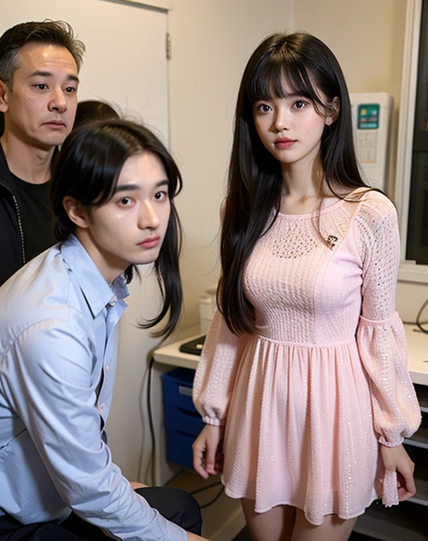 15 years old girl, black hair long hair with bangs, cute face, have messy hair, wearing mini pink dress, with black man professor her bf at laboratory