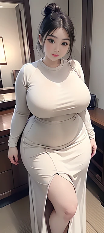 (masterpiece,high quality:1.3),(depth of field:1.3) ,((fore body:1.35)), Japanese ,female,hair bun, Long sleeve round neck ,khaki t-shirt maxi ((Hard)) dress,(huge breasts:1.35),chubby,(looking at viewer:1.3),(whole body:1.2), chubby cheeks