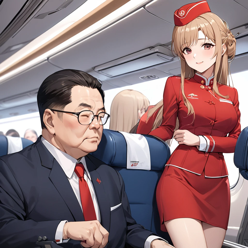 ((Highest quality)), ((masterpiece)), (detailed), （Perfect Face）、The woman is a Chinese flight attendant for Air China, named Yuuki Asuna, with light brown, medium-long hair.、The woman is wearing the red uniform of an Air China flight attendant.、The woman is a special flight attendant for the honorable Chinese Communist Party members, and she dresses up beautifully to serve them.、The woman is a first-class passenger, and is the exclusive host and entertainer of a dignified elderly man who is a member of the Chinese Communist Party.