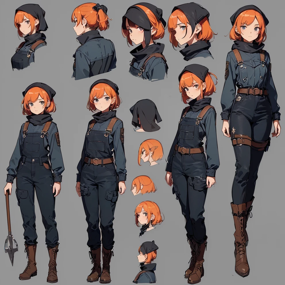 1girl, Slavic girl, reference sheet, Character design, front angle, side Angle, rear angle, Dynamic poses, (Masterpiece:1.2), (Best Quality:1.3), The uniform of the Russian tanker, soldier, Sci-Fi, Hazmat, sovjet, cosmonaut, baggy sleeves, Large sleeves, (red hair), (Yellow eyes), (pony tail), (Long bangs), (vivid eyes), (big thighs), (thick-thighs)