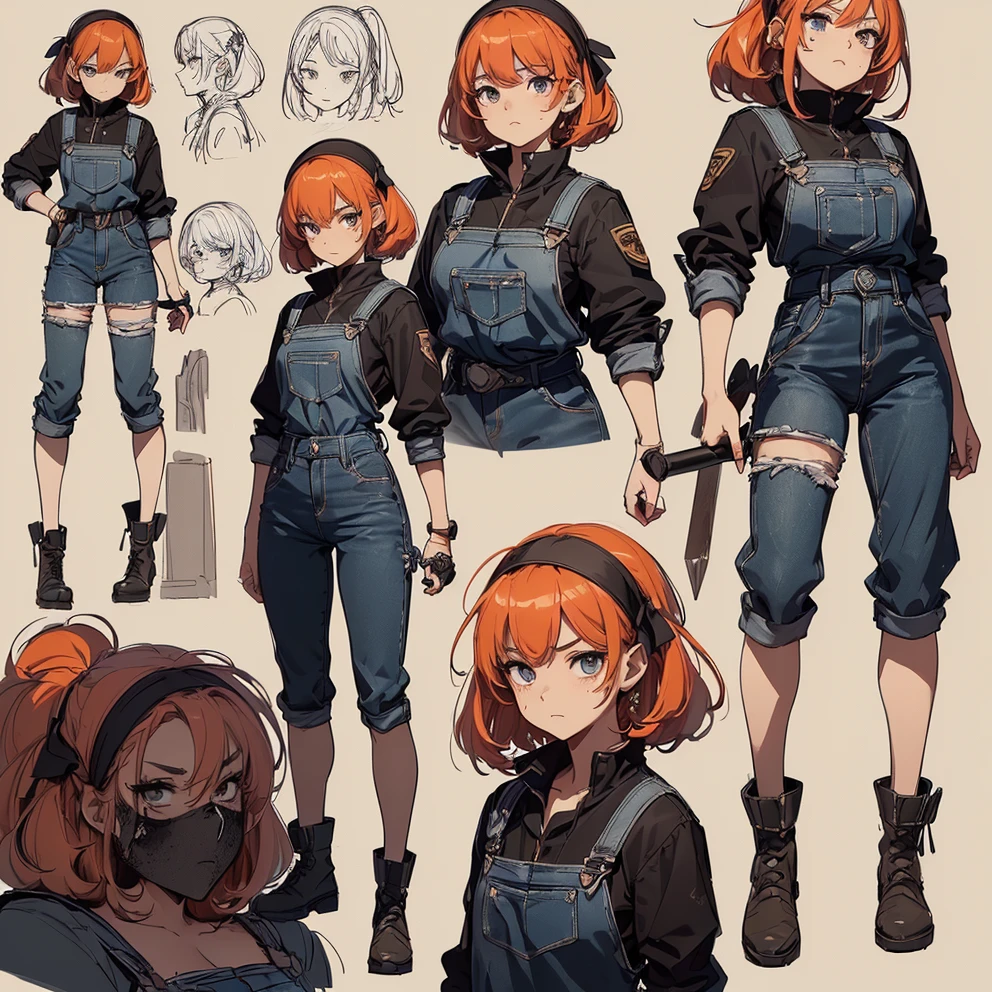 ((Masterpiece, Highest quality, Accurate, UHD)),
((character design sheet: 1.2), (Line Art), (Detailed character sheet), (anime studio style)),
((Simple background), (sketch art:1.2)),
((multiple view:1.2), (full body:1.2), (detailed face), (3 different angles), (body parts), (full esbian body), (full of details), (multiple items), (multiple poses and expressions)),
((accurate anatomy, best anatomy hands, accurate eye, best anatomy eye)),
(do not go beyond the edges of the image:1.65), (rating:safe),
1 girl, medieval character
a Female Dwarf Blacksmith, She look like girl, She is rather short but cute, Her Face always Showed Anger, She has short orange hair. She wore leather and denim work clothes, She had overalls with a headband on the front, ((Soot and stains on her face and her clothes)), ((She held a Blacksmith hammer)), ((add Sketch Design of Blacksmith Hammer)).