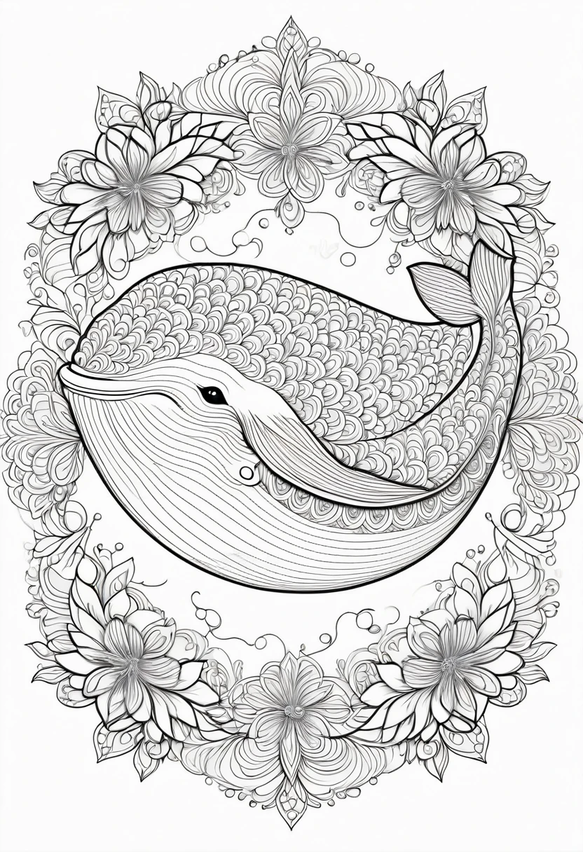 Impressive black and white line art coloring page designed for adults with white background, A cute and majestic whale depicted in a mandala style. , The whale is decorated with intricate patterns, including flowers and geometric designs., A fascinating and detailed work of art. The figure focuses on crisp,Clean lines and bold outlines, No shading or color, Fantasy, Magic, Mysterious, Unusual, Wavy line, Realistic line drawing, Coloring page , Noiseless, Sharp thick lines, Sketch Art, Centered Image, Isolated on a white background, Allowing users to bring their own unique vibrancy to their creations. Minimalist design, Thick lines and lack of background detail, Calm your mind、We create engaging coloring experiences for adults looking for creative activity.. figure