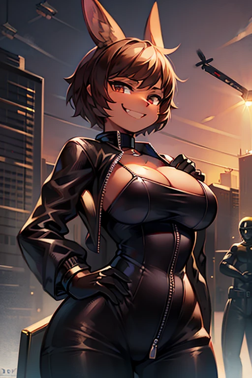 Bunny girl, black latex suit, spy suit, cleavage, short hair, brown hair, zipper, smug look, helicopter, smile, dark skin, zipper, d cup breasts, rabbit ears