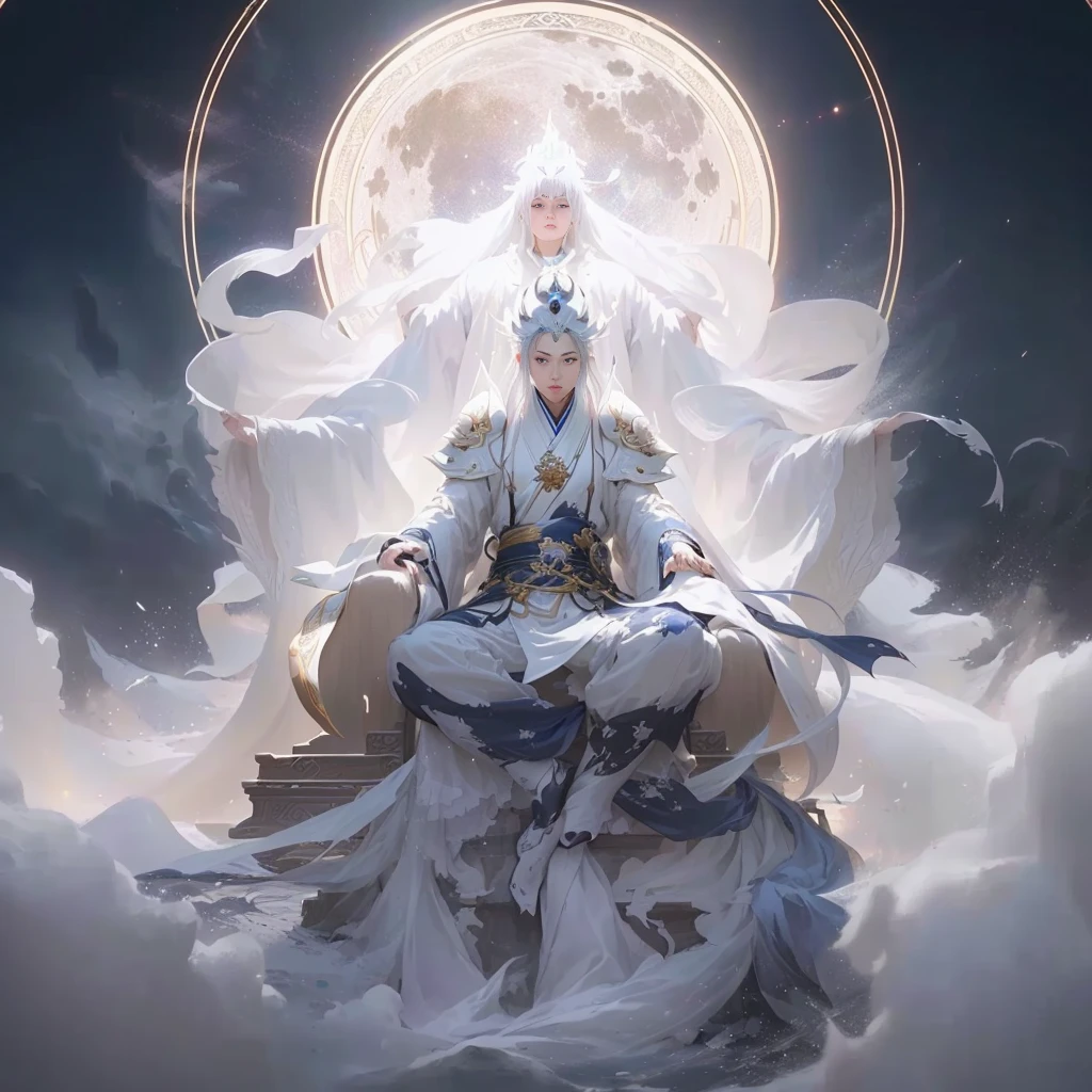 Alafud image display,A man sitting on a throne,The background is a round of moon, Luna, White-haired deity, wlop 和 ross tran, author:Yang J, Ross Tran 和 Bayard Wu, flowing white robe, ross tran 和 wlop, Peter Moore. Unreal Engine, Ross Tran and Michael Whelan, Onmyoji detailed art