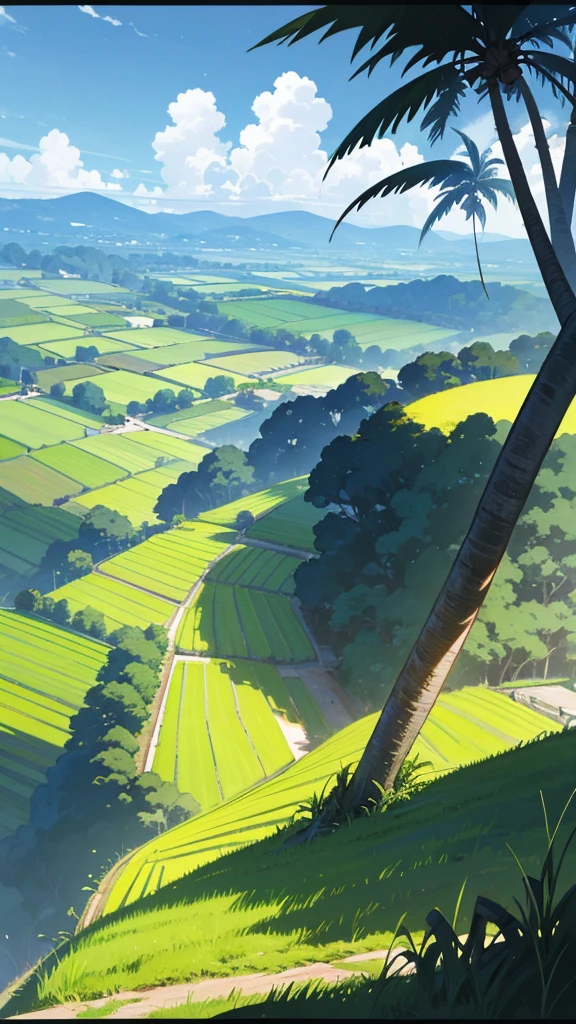 very detail painting of a distance rice farm, village road, a boy fishing near small rocky river, coconut trees, small hill, beautiful scenery, tropical heaven, anime countryside landscape, anime landscape wallpaper, sharp outlines, anime landscape, beautiful anime scenery, beautiful puffy clouds. anime, anime scenery, anime background, anime background art, country landscape, anime beautiful peace scene, beautiful anime scene, countryside, hd wallpaper, anime movie background, high quality desktop wallpaper, landscape wallpaper
