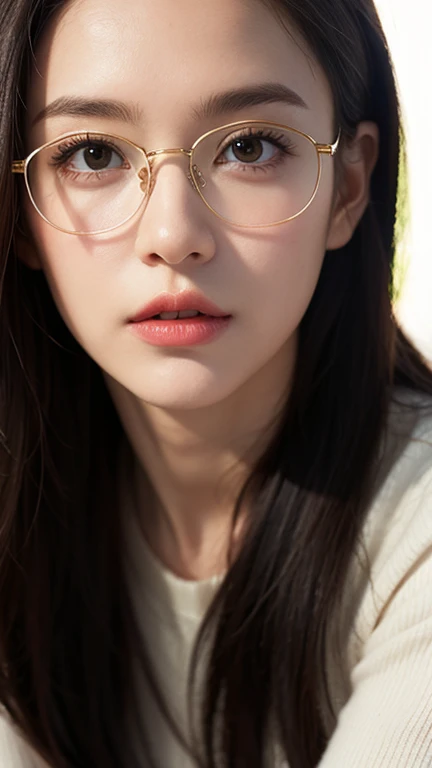 (masterpiece:1.2, highest quality), (Realistic, photoRealistic:1.4), Beautiful illustrations, (Natural Side Lighting, Cinema Lighting), Written boundary depth, Beautiful thighs staring at the viewer, (((Face Focus, Upper Body))), 1 female, 30-year-old, alone, thin, slender, small breasts!!!, Long Hair, straight Hair, Forehead, Forehead, Forehead, Forehead, thin, slender, glasses, white sweater, sexy pencil skirt, Are standing, ((Close-up)), ((Close-up)), ((Close-up))