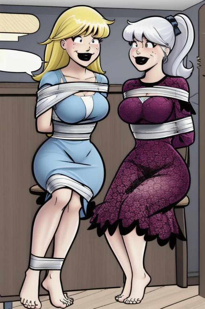 Portuguese 35 years old woman Silver Side Part , in the Family room, Lace dress,5 toes, black toe nails, Focus full body, sit on a chair, tied ankles together,tied arms,(((barefoot))) speech bubble, EdobArchieComicsArtStyle