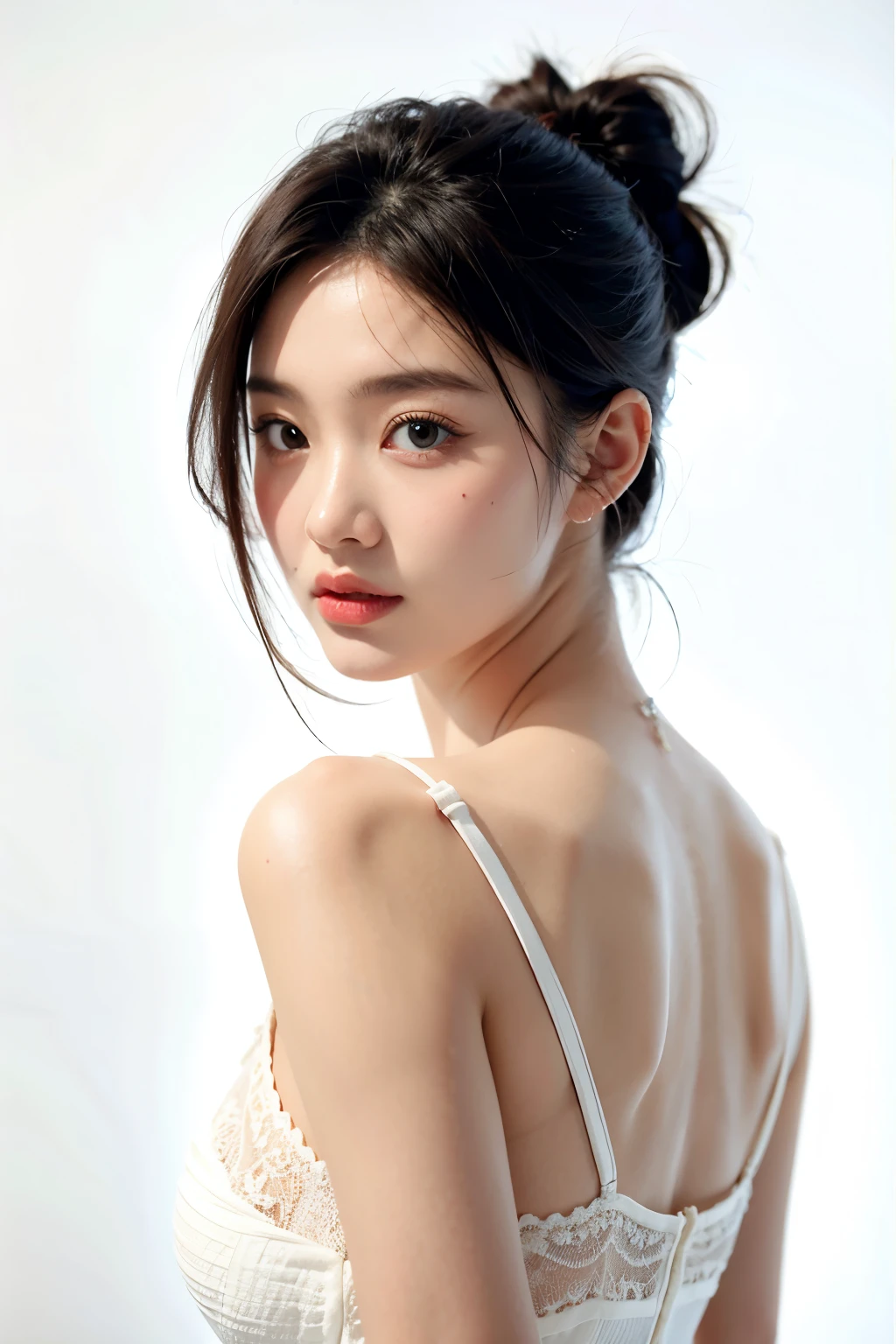 ((Highest quality, 8k, masterpiece: 1.3)), sharp: 1.2, Perfect Body Beauty: 1.6, ((Layered Hairstyles, Small breasts: 2.0)), (white and long legs: 2.0), (Rough ponytail: 2.0), (Golden lace dress: 2.0, Off-the-shoulder dress: 2.0), ((necklace)), Earrings, ring, Bracelet, Hair Accessories, ((Beautiful young teenager woman)), ((Straight nose)), (Eyeliner), Armpit Hair, Bristles, ((Beautiful Skin)), Wavy Hair, Beautiful attention to detail, Super detailed, Highly detailed face and skin texture, fine grain, double eyelid, Black Hair, Big Ass, Lower Body, Thighs, (((Skinny))), Wet and shiny lips, smile, Get a grip on your body, ((Anatomically correct human body)), ((Crisp body shape)), Ribs, clavicle, Protruding skeleton, A face without nasolabial folds, Shyness, Thin eyebrows, Big eyes, (from above: 1.8)