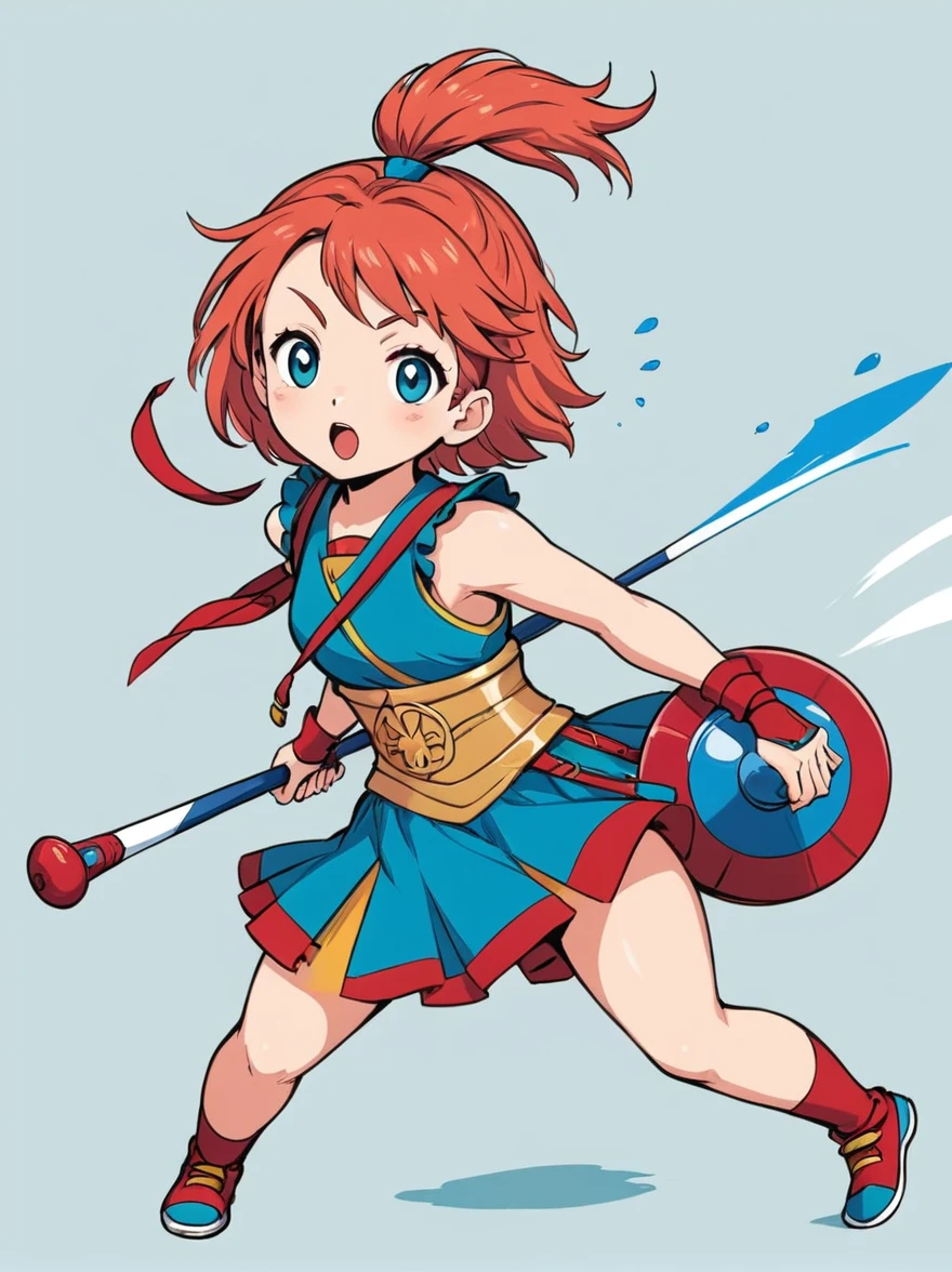 Create a digital painting that portrays a brave warrior, symbolizing the battle of health. Use bold and vibrant colors to enhance the whimsical and vivacious feel, typical of children's design. The warrior should be seen in dynamic poses, drawing inspiration from comic books. The painting should embody the essence of perseverance and strength with energetic brushstrokes. Remember to capture the child-friendly design and translate it into the language of a brave warrior fighting their battle, thus making health an accessible concept to the young.