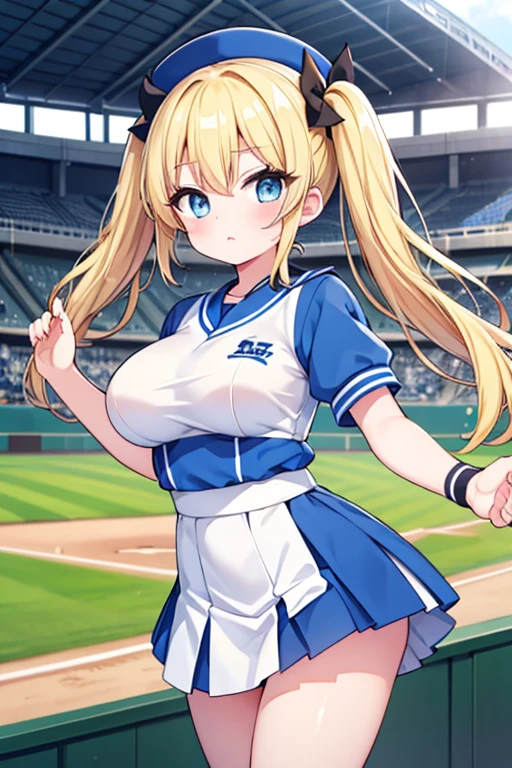 Highest quality,masterpiece,Blonde with blue eyes、Cheerleader,cheerponpon,(HANSHIN koshien BaseballStadium1.1),Be in the audience,Beautiful breasts、Twin tails、Girl&#39;s cute eyes,,jumping,under boob,enjoy,