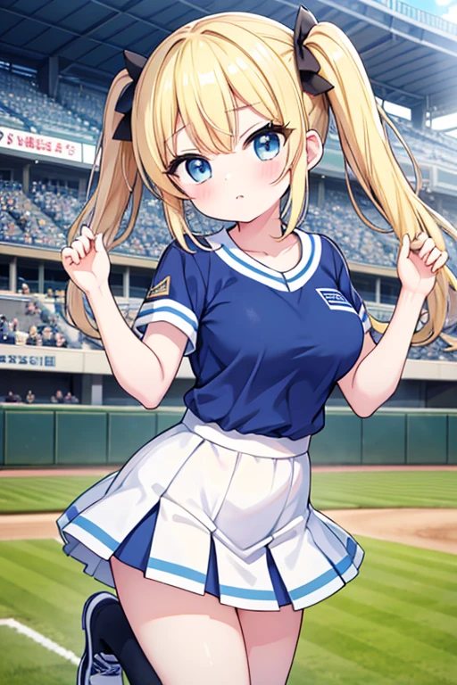 Highest quality,masterpiece,Blonde with blue eyes、Cheerleader,cheerponpon,(HANSHIN koshien BaseballStadium1.1),Be in the audience,Beautiful breasts、Twin tails、Girl&#39;s cute eyes,,jumping,under boob,enjoy,