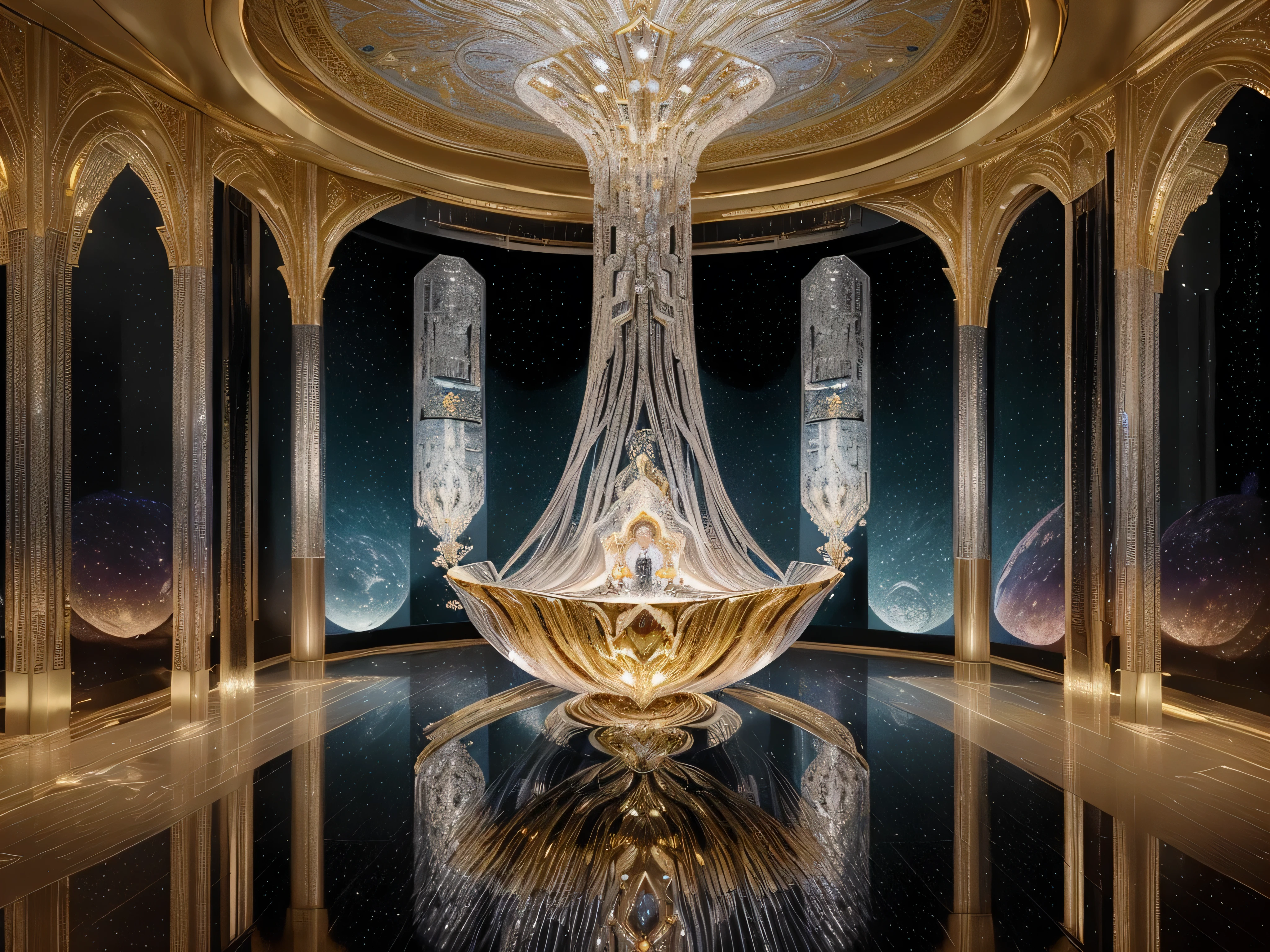 Bathed in shimmering hues of silver and gold, an otherworldly opulent moon module gleams with extravagance and futuristic beauty. This stunning painting captures the essence of a space station adorned with intricate crystal-like structures, reflecting light in a mesmerizing display. The image, created with meticulous detail and expert craftsmanship, transports viewers to a world of luxury and wonder, where technology and elegance intertwine in a captivating visual feast.