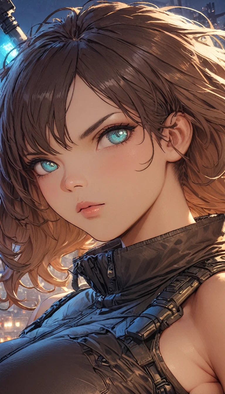 best quality,4k,8k,highres,masterpiece:1.2),ultra-detailed, extremely detailed eyes, extremely detailed body, (large masterpiece digital art), (detailed manga illustration), (detailed line art), ((perfect anatomy)), (intricate details:1.3), (ultra-detailed:1.3), (illustration:1.3), (sharp focus:1.3), (natural lighting:1.05), (vivid colors:1.3), (masterpiece), (best quality:1.4), (perfect anatomy:1.4), high quality, expressive eyes, full body, detailed face, beautiful face, perfect face, assassin, 1 girl, muscular, tall girl, large breasts, long hair, light brown hair, straight hair, low ponytail, detailed hair, ((dark blue tactical clothes)), grey t-shirt, ((tactical vest)), open vest, (black pants), pale skin, aquamarine eyes, splash art, curvy, black combat boots, cinematic lighting, dramatic atmosphere, Atey Ghailan, Jeremy Mann, Greg Manchess, Antonio Moro, trend in ArtStation, trend in CGSociety, Intricate, High Detail, Sharp focus, dramatic and photorealistic painting art by Midjourney and Greg Rutkowski, Jeff Bridges, ((cartoon style)), Marvel Cinematic Universe style, (((Night sky in the background))),
