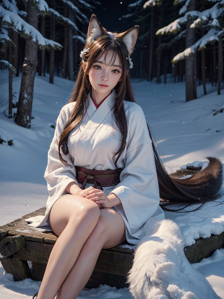 Professional high-quality photos, 4K resolution, Realistically captured a woman in fluffy white pajamas、Detail of charming girl with long ears and fox tail. She sat in an enchanted forest, Every element is perfectly presented. The texture of the pajamas, Ears and tail are pointed and distinct. Sunlight falls on leaves，Gently illuminates the girl&#39;s face, Highlight every exquisite and charming expression  ，Yae Miko，Genshin Impact