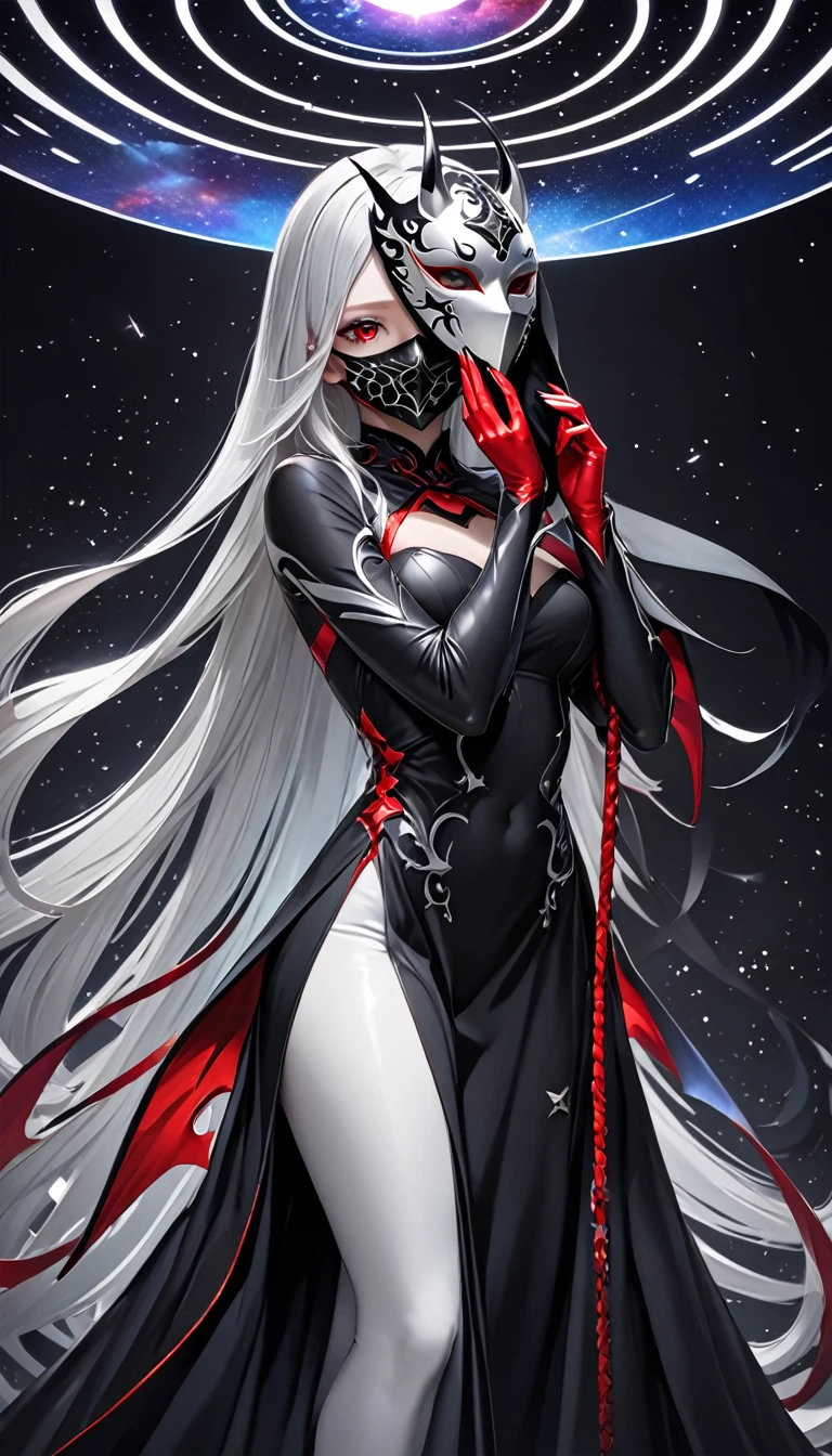 female demon with a black base, hiding his face with a mask, a silver mask with red eyes that covers the entire head, a beautiful form, long straight silver hair, and a long, flowing black dress, background galaxy, octagram, shading effects, gradation magic effects, (ultra detailed, absolutely resolution, best quality:1.3), 2.5D, delicate and dynamic, artistic photography, hyper realistic, graphic CG digital art