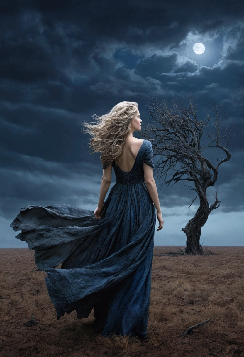 Here’s the updated prompt with more detailed elements:
"Create an 8K portrait of a woman standing in a vast, dark field under a night sky. The woman, depicted with an expression of despair and solitude, is standing with her back to the viewer, her long, tattered dress fluttering in the strong wind. Her hair, also tousled by the wind, cascades down her back. The background should include a solitary, withered tree struggling against the wind, with its few remaining leaves barely clinging to the branches. The field around her is barren, with patches of dry, cracked earth visible.
Use dominant colors of black, gray, and dark blue to enhance the somber and dramatic mood. Pay close attention to fine details, such as the texture of the woman's dress and hair, the intricate bark of the tree, and the desolate terrain. The sky should be filled with thick, dark clouds, partially obscuring a faint, cold moonlight.