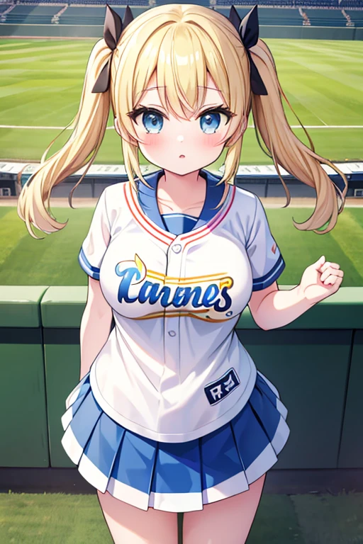 Highest quality,masterpiece,Blonde with blue eyes、Cheerleader,cheerponpon,(HANSHIN koshien BaseballStadium1.1),Be in the audience,Beautiful breasts、Twin tails、Girl&#39;s cute eyes,,jumping,under boob,enjoy,