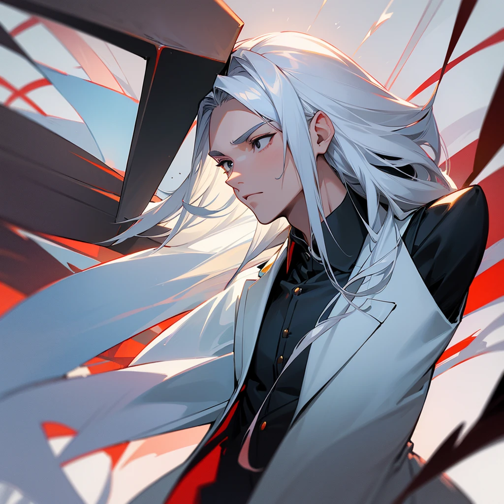 young adult, Handsome, with medium long white hair, square face, muscles formed, Height of 1.90, black eyes and a hunter's look, black gabardine dress and white t-shirt