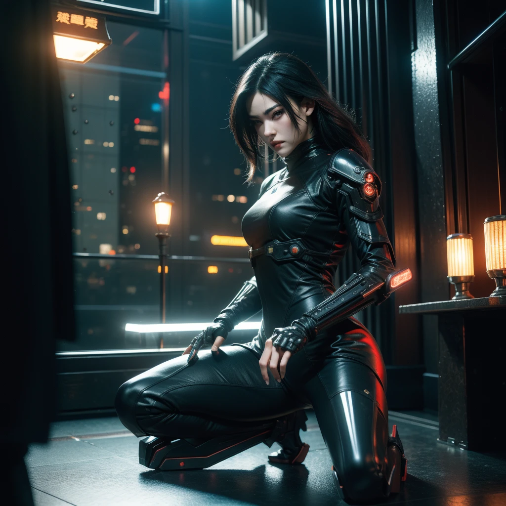 a ninja kneeling on the ground with a knife in her hand, cyberpunk art inspired by Leng Mei, cgsociety contest winner, neo-figurative, beautiful female assassin, female rouge assassin, goth ninja, ninja outfit, cyberpunk assassin, mk ninja, mystic ninja, badass pose, an edgy teen assassin, very beautiful cyberpunk samurai, assassin, detailed eyes, detailed face, detailed lips, long eyelashes, intricate details, hyper realistic, 8k, masterpiece, professional, award winning, dramatic lighting, cinematic, dark moody atmosphere, neon lights, cyberpunk city background, intricate futuristic architecture