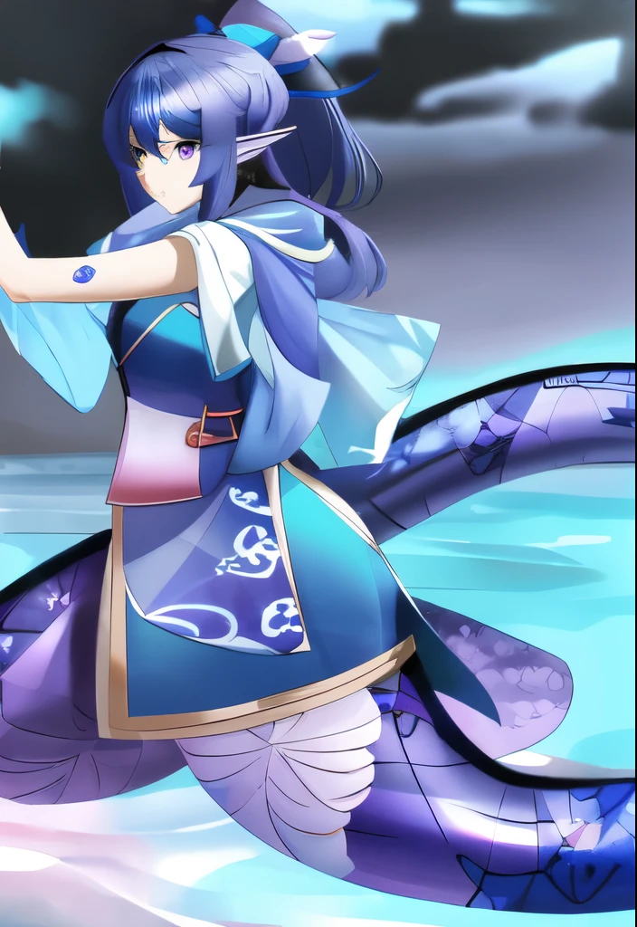 Lamia samurai with dark  blue hair pink eyes and deep blue and purple  water patterned scales in a aqua colored outfit with pointed elf ears