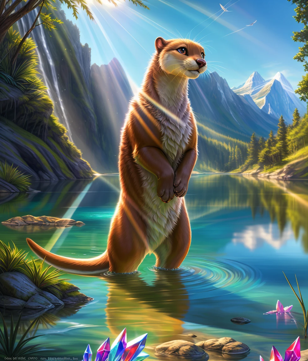 playful otter by the water,sunlight shining,rippling water,realistic nature,highly detailed(fine details:1.2), HDR,ultra-detailed,professional,photorealistic:1.37,portrait,landscape,painting, detailed fur,bright colors, vivid reflections,crystal clear water,soft light, playful expression,reflection in water,rays of sunlight, vibrant scene