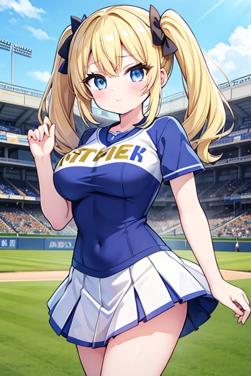 Highest quality,masterpiece,Blonde with blue eyes、Cheerleader,cheerponpon,(HANSHIN koshien BaseballStadium1.1),Be in the audience,Beautiful breasts、Twin tails、Girl&#39;s cute eyes,,jumping,under boob,enjoy,