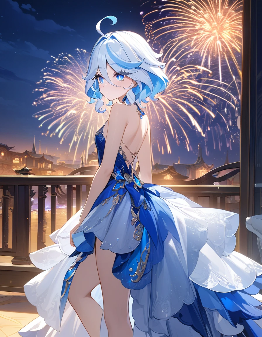 Furina (genshin impact), Looking Left, Protruding from the right side of the screen, Fireworks, night, detailed background, gala dress, masterpiece, intricate details, high resolution, perfect anatomy, detailed face, detailed eyes, 