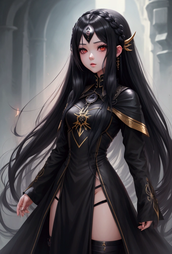 long black hair upto waist, black eyes, fair skin tone, aesthetic body, winter