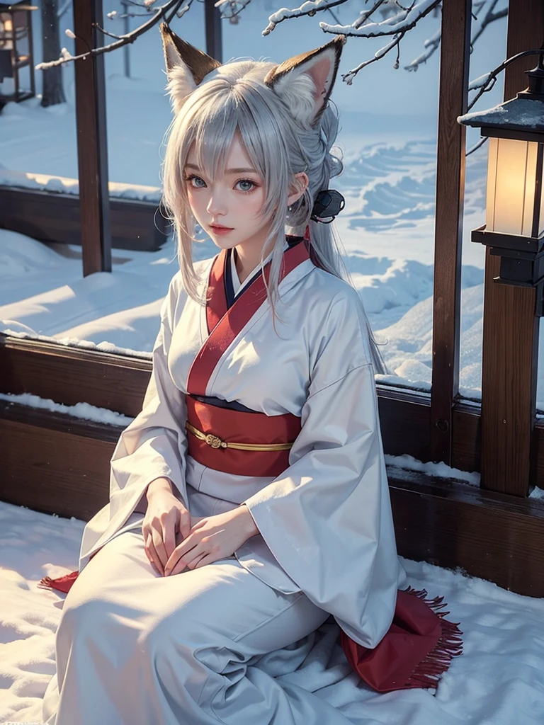 /imagine prompt: An anime-style image of a 20-year-old fox girl with fox ears and tail, sitting in the snow, her eyes giving a seductive look. She is dressed in a kimono that blends with the snowy landscape. The background features a tranquil Japanese garden covered in snow, with lanterns softly illuminating the scene. Created Using: anime illustration, smooth lines, vibrant colors, detailed kimono patterns, soft lighting, dynamic shading, winter ambiance, hd quality, natural look --v 6.0