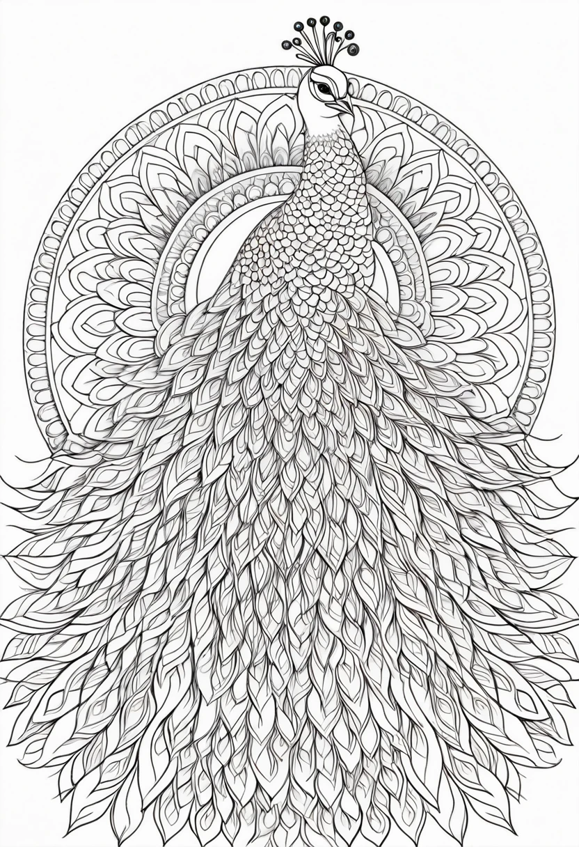 Impressive black and white line art coloring page designed for adults with white background, A cute and majestic peacock in a mandala style. , The peacock is decorated with intricate patterns, including flowers and geometric shapes., A fascinating and detailed work of art. The figure focuses on crisp,Clean lines and bold outlines, No shading or color, Fantasy, Magic, Mysterious, Unusual, Wavy line, Realistic line drawing, Coloring page , Noiseless, Sharp thick lines, Sketch Art, Centered Image, Isolated on a white background, Allowing users to bring their own unique vibrancy to their creations. Minimalist design, Thick lines and lack of background detail, Calm your mind、We create engaging coloring experiences for adults looking for creative activity.. figure
