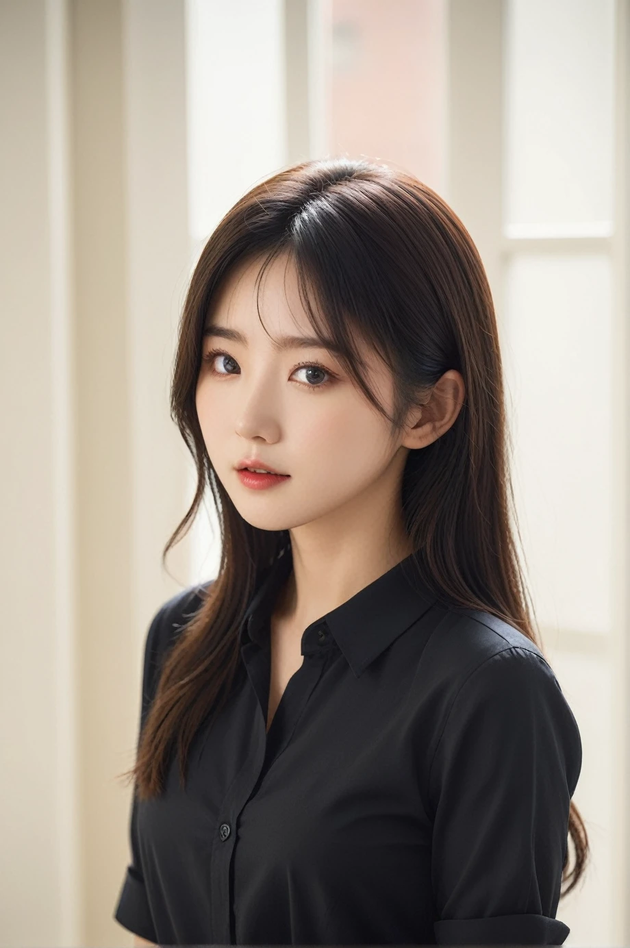 Best Quality, 8k, Masterpiece, (Portrait: 1.3), (photo realistic:1.4), (hyper realistic:1.4), Sharp Focus, looking at viewer, (smoother lighting:1.1), (increase cinematic lighting quality:0.9), realistic lighting, backlighting, light on face, ray trace, (brightening light:1.2), (Increase quality:1.4), sharp detail, (best quality real texture skin:1.4), finely detailed eyes, black_eyes, finely detailed face, 25 year old Korean woman, (black formal_shirt:1.4), (Create an image maintaining the original base model hairstyle:1.5)