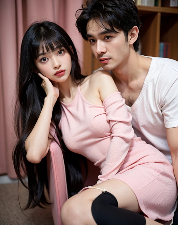  girl, black hair long hair with bangs, have messy hair, wearing mini pink dress, with black man professor her bf