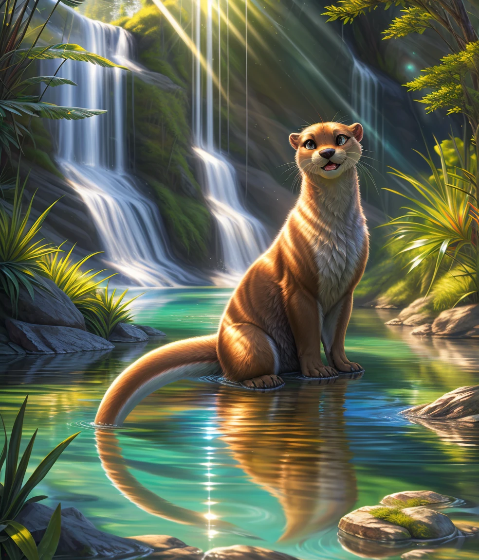 playful otter by the water,sunlight shining,rippling water,realistic nature,highly detailed(fine details:1.2), HDR,ultra-detailed,professional,photorealistic:1.37,portrait,landscape,painting, detailed fur,bright colors, vivid reflections,crystal clear water,soft light, playful expression,reflection in water,rays of sunlight, vibrant scene