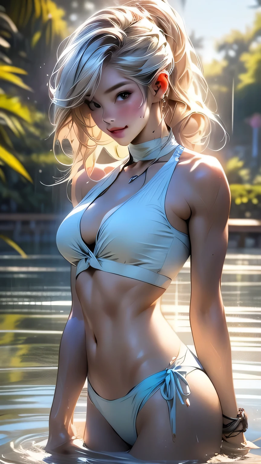 One girl, high school girl、(((Pastel blue bikini set))), Summer clothes、Wet and transparent、(ponytail)、I can see your belly、cute, wonderful, Beautiful attention to detail, Iris, (Black Hair), In detail, Depth of written boundary, Highly detailed CG, original, Highly detailed wallpaper, View your viewers, Detailed face, Cleavage, (Big Tits, Hard nipples)、Toned Abs, White skin, Realistic、(Cinema Lighting)、Detail emphasis, Beautiful lighting、((Pastel blue bikini set))), Wet and transparent, ((In the park after the rain))、Summer sunset、Realistic park、masterpiece, 最high quality, high quality, High resolution、 ((smile)), smileで、((Random pose))、(Blonde Hair),
