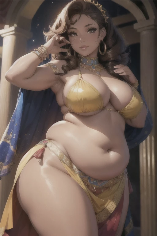 (Best quality), (high resolution), (detailed),1woman, chubby caribbean belly dancer, caribbean woman, curly hair, bloated, brown skin, seductive pose
