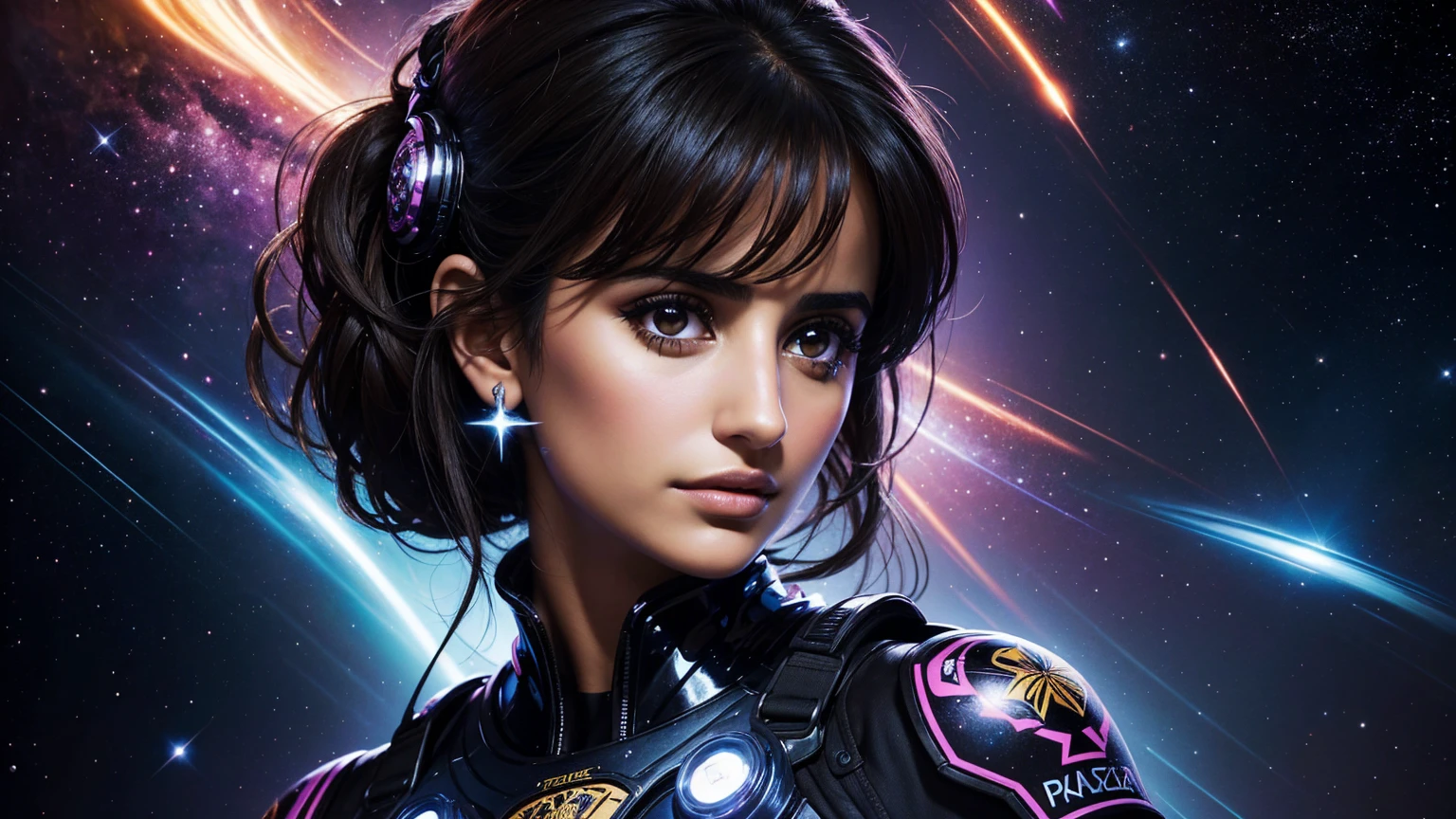 A beautiful portrait of Penelope Cruz surrounded by stars, an action shot of a girl dressed in EDM style. Hot and Beautiful, Highly Detailed, Art Station, Illustrated