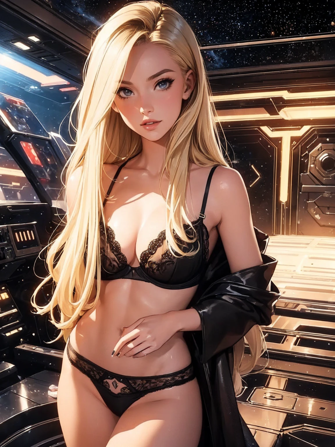 1girl,a beautiful fashion model ,(masterpiece, detailed background, best quality), shiny shoulder length hair, light blonde hair with blonde highlights dark roots, ,smirk,juicy lips, full lips, calmart, lingerie, stripping, elegant makeup, sci fi environment,(space cruise)