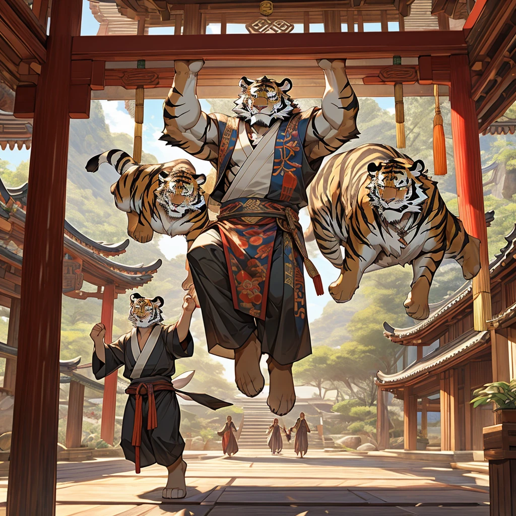Age of Fairy Tales，Suspended in the air岛屿 宗门，big family，Tribal Chinese style ancient house，Wearing a Taoist robe，robe，Suspended in the air，Muscular tiger holding a sword