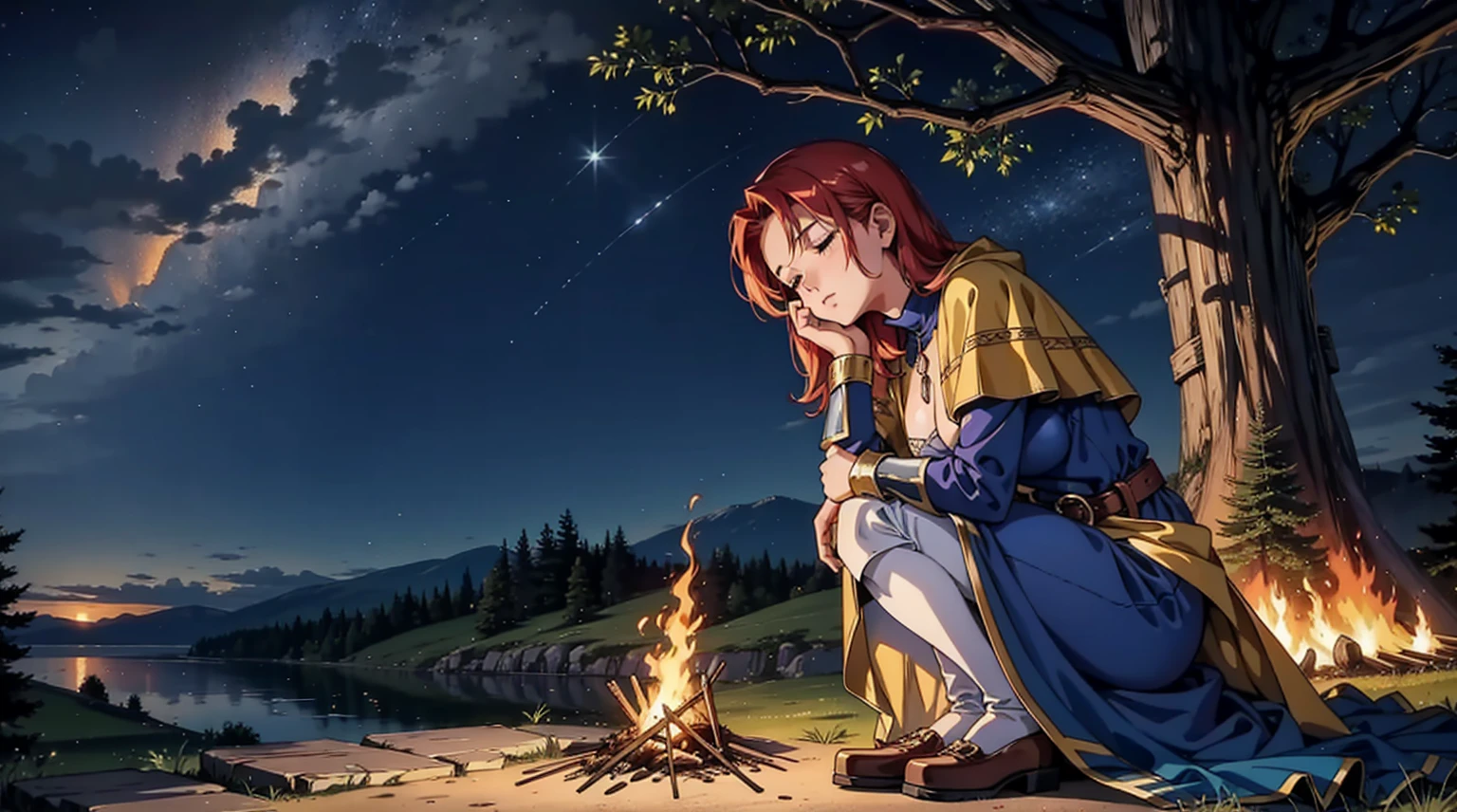 night Medieval fantasy world Adventurer bonfire sleep woman lean on a tree Hanging the cloth