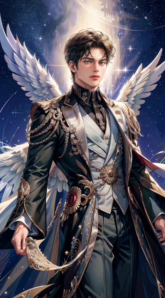 ((4K works))、masterpiece、(top-quality)、((high-level image quality))、((One Beautiful Fallen Angel Man))、Magician Patrick is a mysterious and sophisticated man with a passion for magic. He has expressive eyes, strewn with stars, and stunning dark silver hair, always fluttering in the air flow. Dressed in stylish and elegant robes with intricate patterns, reflecting his dominant nature. interesting forest background