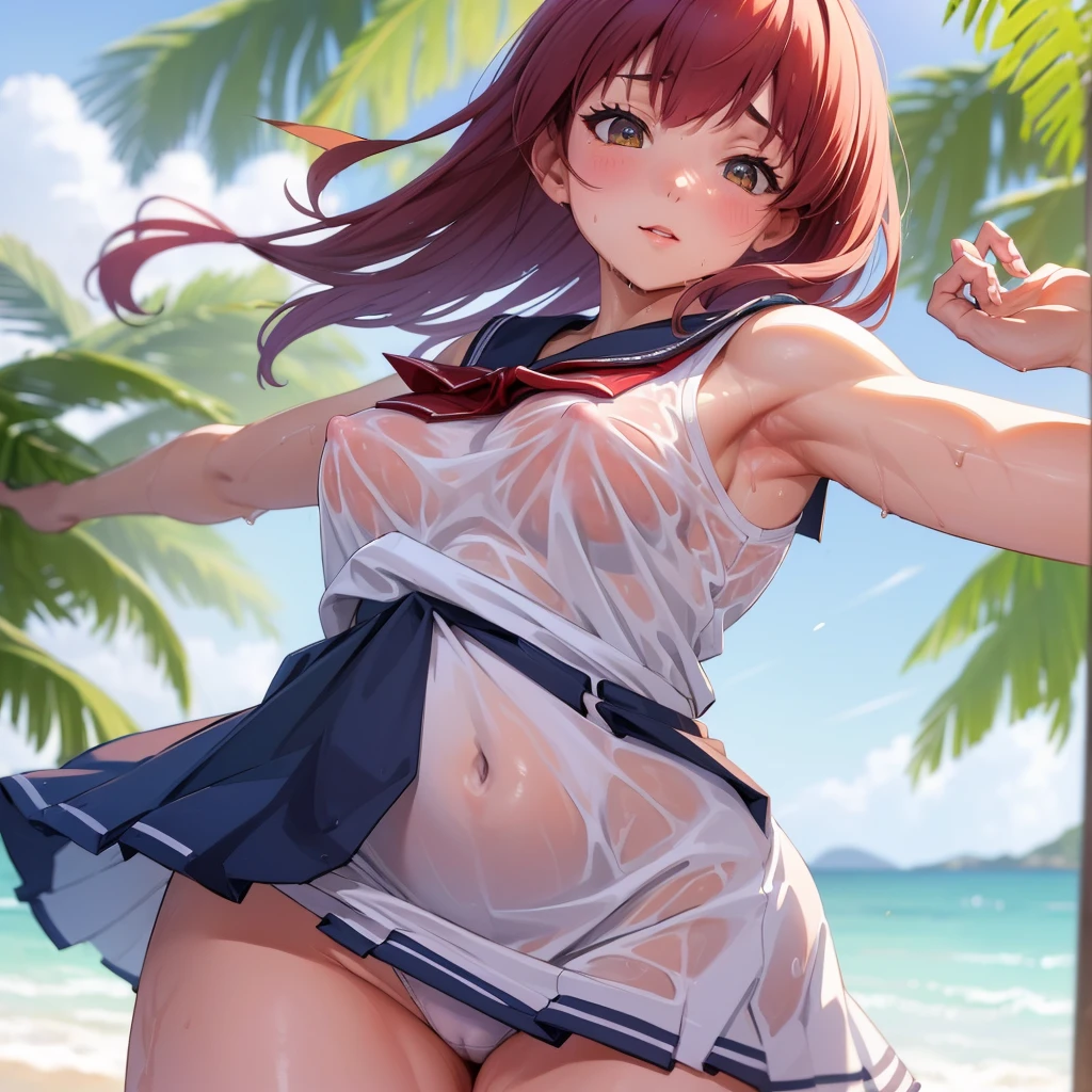 ((Clothing wetness: 1.4)), ((Underwear visible)), (Sailor suit), (Sheer skirt), Sunny blue sky, beach, (Perfect hands), (Perfect anatomy), (Perfect body structure ), ((2 arms)), ((2 legs)), ((Masterpiece, Best quality, High resolution, Ultra high resolution, Perfect pixels, Burned border depth, 4K, Super detailed)), HDR, Studio lighting, Sharp focus, Bright colors, Portrait, Warm tones, Soft lighting, standing,nipple，Nipple bulge