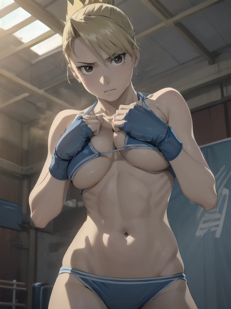 masterpiece, Highest quality, High resolution, One Girl, Hamriz, ponytail, Brown eyes,big , マイクロbikini、Cowboy Shot、Muscular body、blush、Sweat、Composition from the front、anime、(((Light blue bikini、Stand in front、audience、Shaking breasts、Boobs fully exposed、Facing forward)))、((Wrestling Arena)), (Fighting Pose、Boxing gloves、Female wrestler、1 girl), (Slender body, 発Sweat, tired), Mature Woman, Mature Woman, (bikini, Very detailed wrestling equipment) 