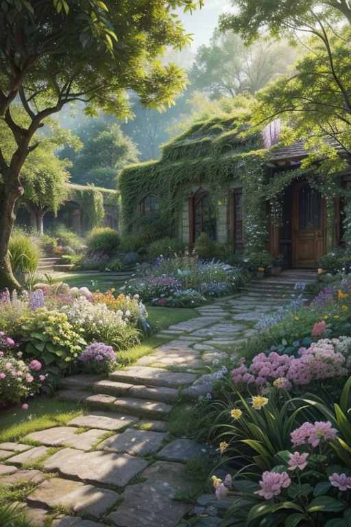 A beautiful, highly detailed, photorealistic painting of a serene, lush garden, (best quality, 8k, masterpiece:1.2), ultra-detailed, photo-realistic, hyperrealistic, incredibly sharp focus, intricate details, vibrant colors, warm lighting, natural scenery, flourishing plants, stunning floral arrangements, intricate textures, serene atmosphere, peaceful ambiance