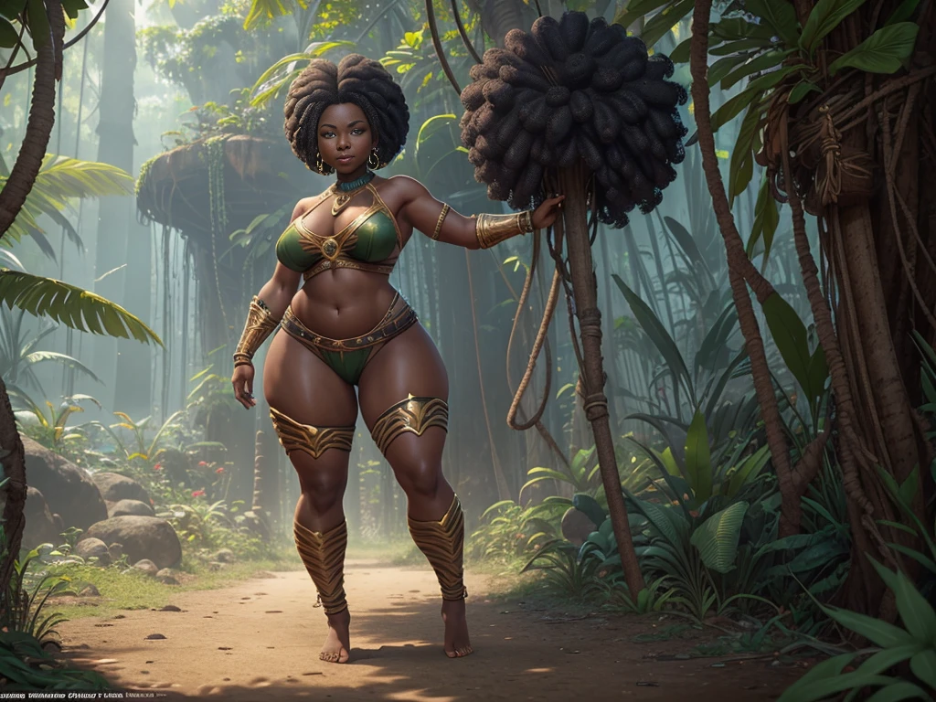 HD, dark skinned, young female, age 18, humanoid, honey, black afro hair, Jackie Parris, ((((Jackie Parris)))), full body cgsociety, 3d character art, full character body, detailed full body concept, stylized character, erotica, ((young girl, 1girl, age 18)), ((complex detailed background, jungle, outside)), erotica, full body, sexy, loincloth, barefoot, wide hips, jungle, thicc body, thicc, chubby, wide hips, small breasts, amazon, action pose, single character