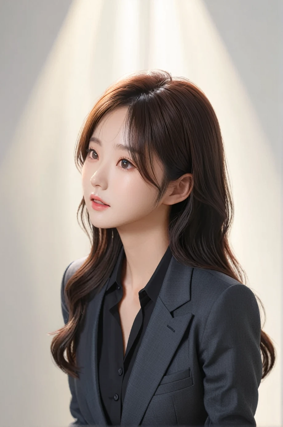 Best Quality, 8k, Masterpiece, (Portrait: 1.3), (photo realistic:1.4), (hyper realistic:1.4), Sharp Focus, looking at viewer, (smoother lighting:1.1), (increase cinematic lighting quality:0.9), realistic lighting, backlighting, light on face, ray trace, (brightening light:1.2), (Increase quality:1.4), sharp detail, (best quality real texture skin:1.4), finely detailed eyes, black_eyes, finely detailed face, 25 year old Korean woman, (black formal_shirt:1.4), (Create an image maintaining the original base model hairstyle:1.5)