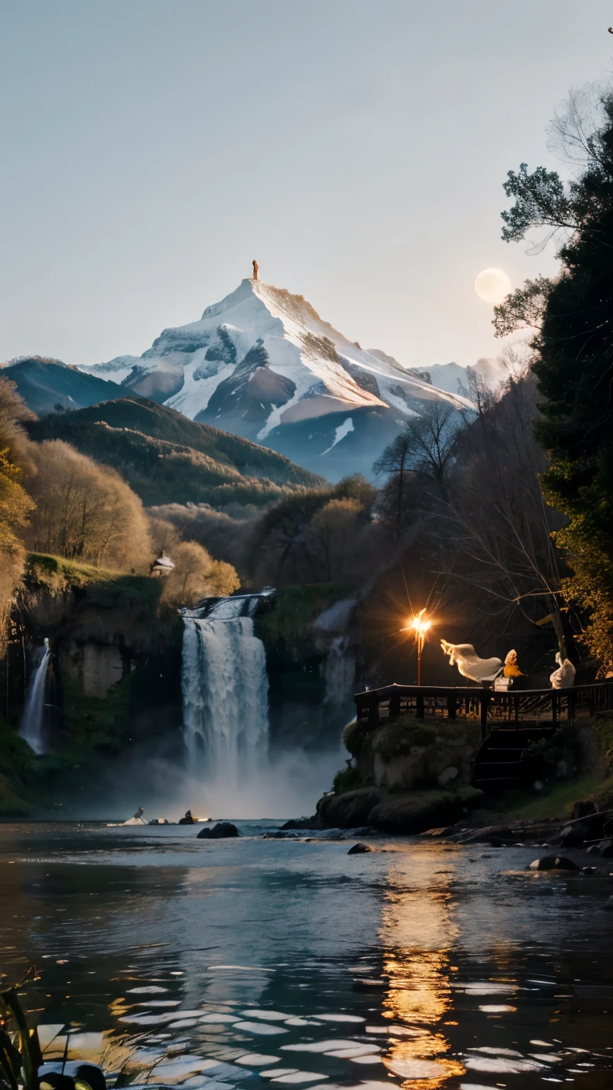 Wallpaper with full moon,waterfall,running white horse ,Mandarin duck couples,red candle,mountain,white owl